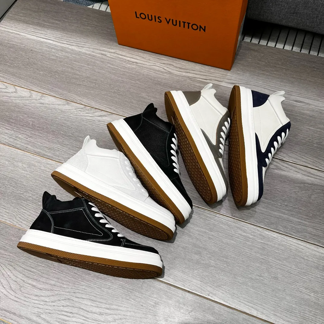 Factory price: 460💰LV's new casual high-top men's shoes👉 👉 Fashionable and versatile, 💞 Simple and elegant style, 🔊 The fabric is made of imported cowhide, ☑️breathable mesh lining, original wear-resistant rubber outsole, exclusive new style, taken in kind, five colors available, code number: 38-44, (45 can be customized)